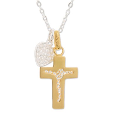 Gold accent sterling silver filigree pendant necklace, 'Our Golden Father' - 24k Gold Accent Sterling Silver Filigree Cross Necklace