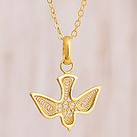 Gold plated sterling silver filigree pendant necklace, 'Gold Divine Dove'