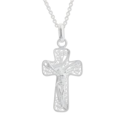 Sterling silver filigree pendant necklace, 'The Cross of Jesus' - Sterling Silver Filigree Crucifix Pendant Necklace from Peru