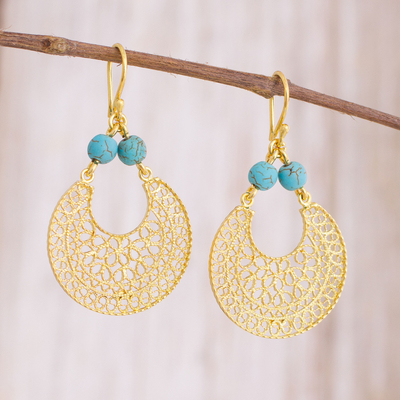 Gold plated sterling silver filigree dangle earrings, 'Golden World' - 24k Gold Plated Sterling Silver Filigree Dangle Earrings