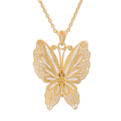 Gold plated sterling silver filigree pendant necklace, 'Gold Butterfly' - Gold Plated Sterling Silver Filigree Butterfly Necklace