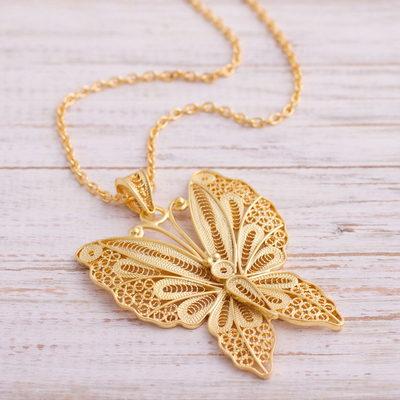 Gold plated sterling silver filigree pendant necklace, 'Gold Butterfly' - Gold Plated Sterling Silver Filigree Butterfly Necklace