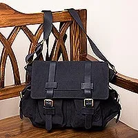 Leather accented cotton messenger bag, 'Journey to Manu in Black'