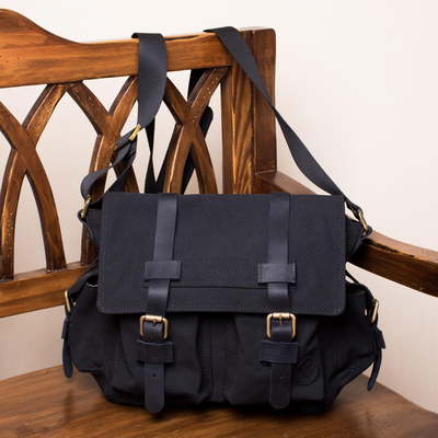 Leather accented cotton messenger bag, 'Journey to Manu in Black' - Leather Accented Roomy Canvas Messenger Bag in Black