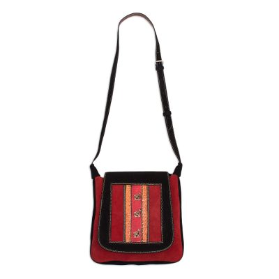 Suede sling, 'Llama Path' - Handcrafted Llama Motif Crimson and Black Suede Shoulder Bag