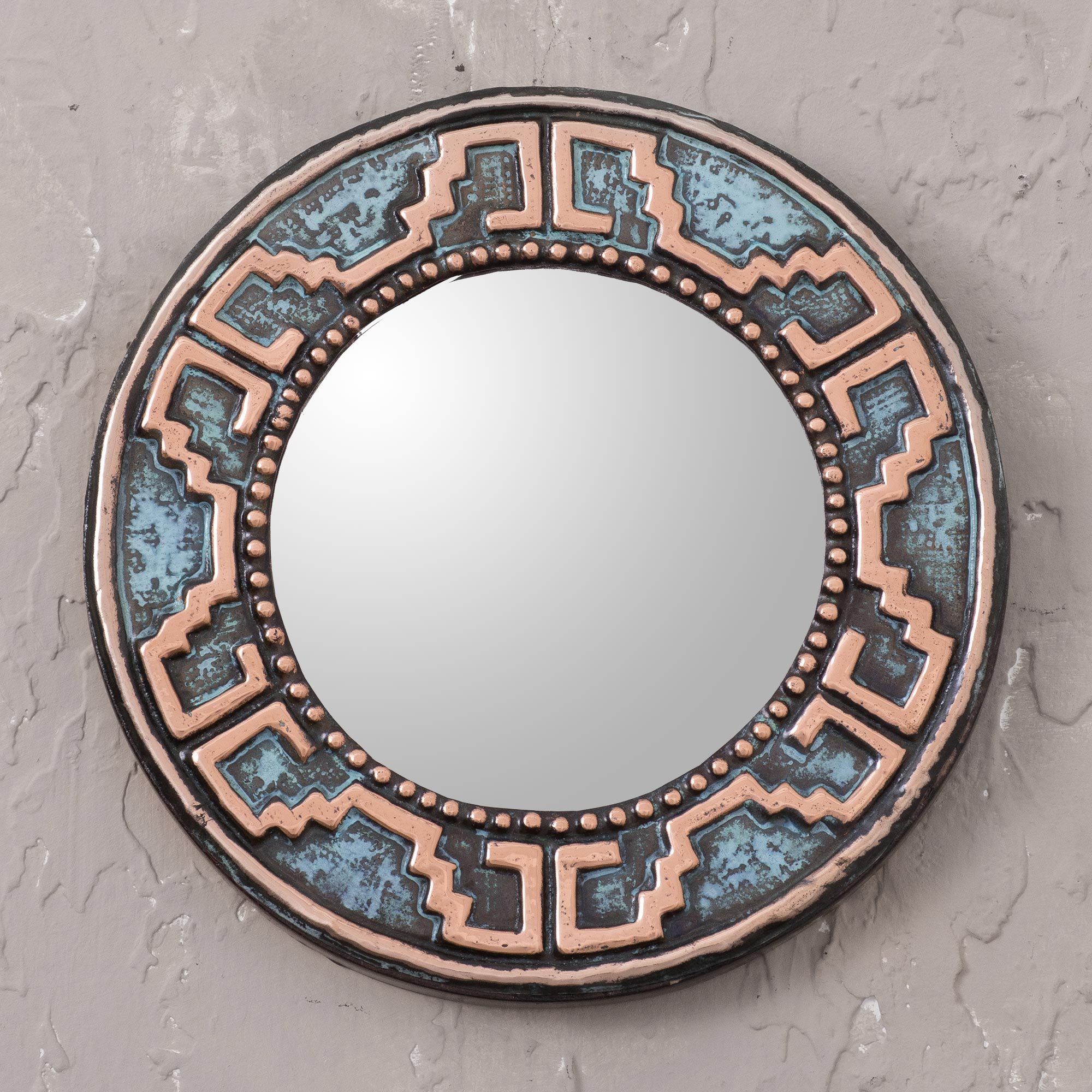 Handmade Circular Wall Mirror With Oxidized Copper Tiwanaku Lines