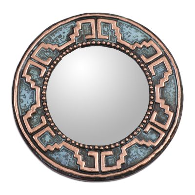 Copper wall mirror, 'Tiwanaku Lines' - Handmade Circular Wall Mirror with Oxidized Copper