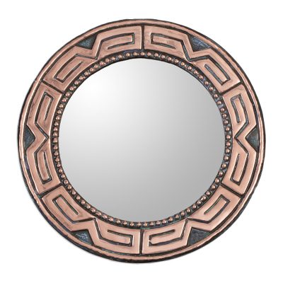 Copper and bronze wall mirror, 'Tiwanaku Form' - Round Bronze and Copper Wall Mirror from Peru