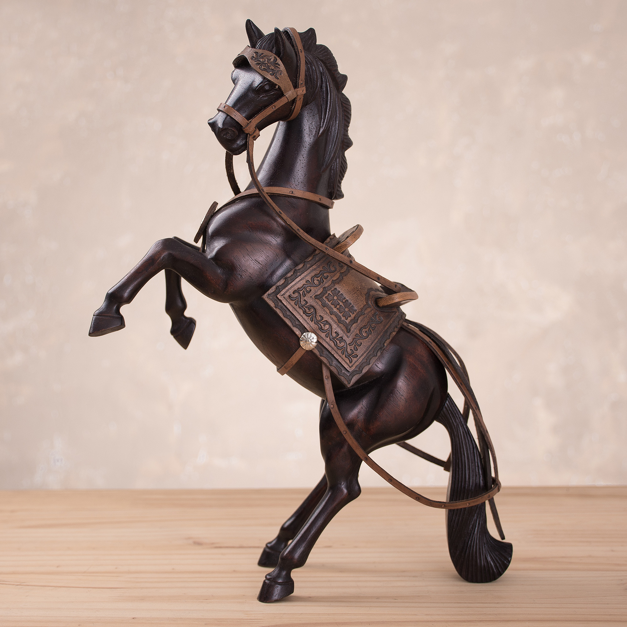 Cedar Wood Hand Carved Spirited Horse Sculpture from Peru - Spirited