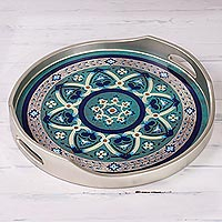 Silver-Tone Reverse-Painted Glass Tray from Peru,'Floral Intricacy in Silver'