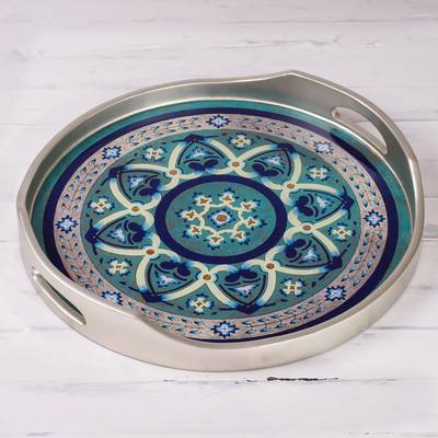 Reverse-painted glass tray, 'Floral Intricacy in Silver' - Silver-Tone Reverse-Painted Glass Tray from Peru