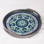 Reverse-painted glass tray, 'Floral Intricacy in Steel' - Steel-Tone Reverse-Painted Glass Tray from Peru
