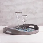 Reverse-painted glass tray, 'Floral Intricacy in Steel' - Steel-Tone Reverse-Painted Glass Tray from Peru