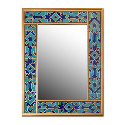 Reverse Painted Glass Wall Mirror In Blue From Peru Reverse Painted Glass Wall Mirror In