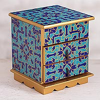 Reverse painted glass jewellery box, 'Blue Intricacy' - Reverse Painted Glass jewellery Box in Blue from Peru