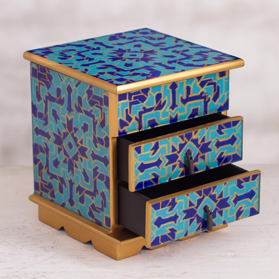 Reverse painted glass jewelry box, 'Blue Intricacy' - Reverse Painted Glass Jewelry Box in Blue from Peru