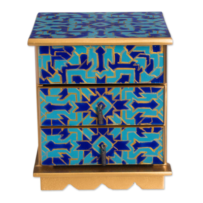 Reverse painted glass jewelry box, 'Blue Intricacy' - Reverse Painted Glass Jewelry Box in Blue from Peru