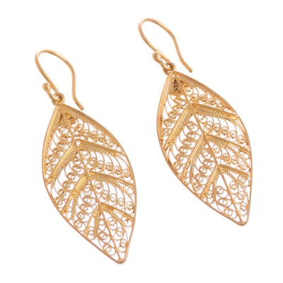Gold plated sterling silver filigree dangle earrings, 'Mystery of the Forest' - 24k Gold Plated Sterling Silver Filigree Dangle Earrings