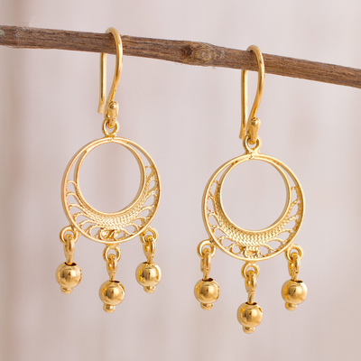 Gold plated sterling silver filigree chandelier earrings, 'Glittering Dreamcatchers' - Gold Plated Sterling Silver Filigree Chandelier Earrings