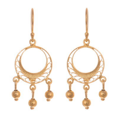 Gold plated sterling silver filigree chandelier earrings, 'Glittering Dreamcatchers' - Gold Plated Sterling Silver Filigree Chandelier Earrings