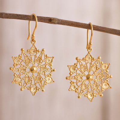 Gold plated sterling silver filigree dangle earrings, 'Gleaming Mandalas' - 24k Gold Plated Sterling Silver Filigree Dangle Earrings