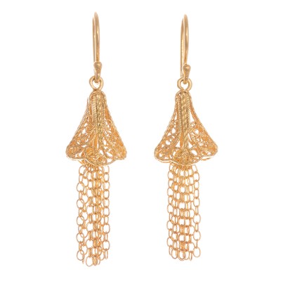 Gold plated sterling silver filigree waterfall earrings, 'Golden Dancing Bells' - 24k Gold Plated Sterling Silver Waterfall Earrings from Peru