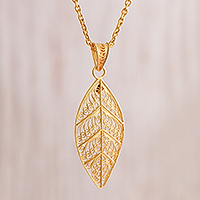 Gold plated sterling silver filigree pendant necklace, 'Mystery of the Forest' - 24k Gold Plated Sterling Silver Leaf Pendant Necklace