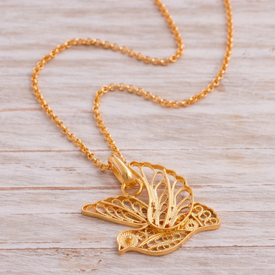 Collar con colgante de filigrana en plata de primera ley recubierta de oro - Collar de paloma de filigrana de plata chapada en oro de Perú