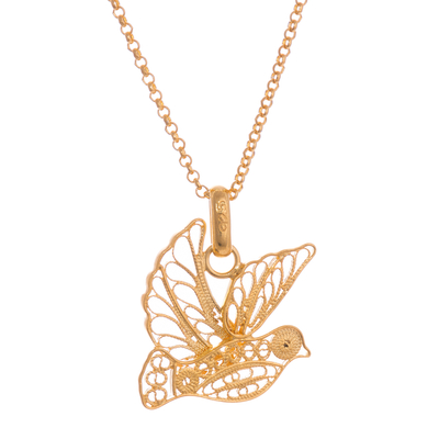Gold plated sterling silver filigree pendant necklace, 'Peace and Grace' - Gold Plated Sterling Silver Filigree Dove Necklace from Peru