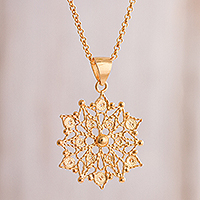 Gold plated sterling silver filigree pendant necklace, 'Gleaming Mandala'