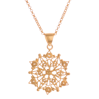 Gold plated sterling silver filigree pendant necklace, 'Gleaming Mandala' - 24k Gold Plated Sterling Silver Filigree Mandala Necklace