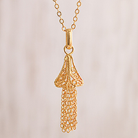 Gold plated sterling silver filigree pendant necklace, 'Golden Dancing Bell'
