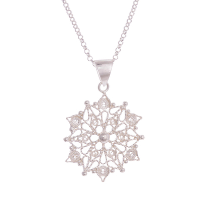 Sterling silver filigree pendant necklace, 'Gleaming Mandala' - Sterling Silver Filigree Mandala Pendant Necklace from Peru