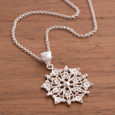Sterling silver filigree pendant necklace, 'Gleaming Mandala' - Sterling Silver Filigree Mandala Pendant Necklace from Peru