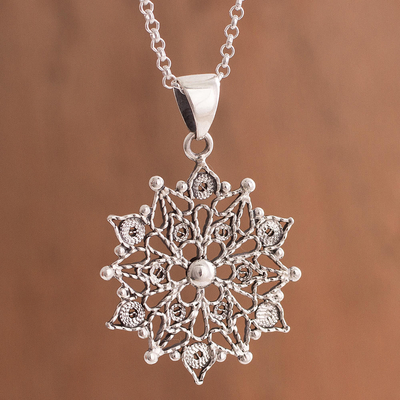 Sterling silver filigree pendant necklace, 'Dark Mandala' - Dark Sterling Silver Filigree Mandala Necklace from Peru