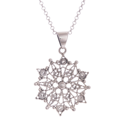 Sterling silver filigree pendant necklace, 'Dark Mandala' - Dark Sterling Silver Filigree Mandala Necklace from Peru