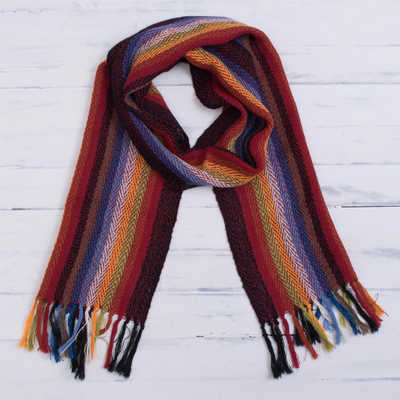 Peruvian Peru Llama Wool Knit Scarf Stripes Fringe Black Grey Pink Purple Brown 