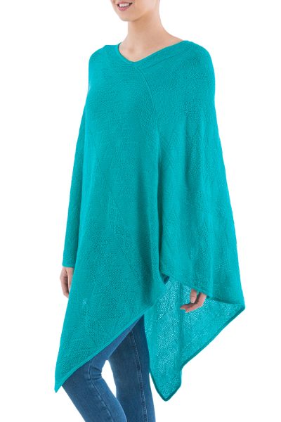 Knit poncho, 'Teal Zigzags' - Knit Poncho with Zigzag Patterns in Teal from Peru