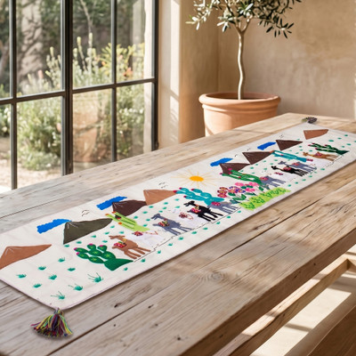 Cotton table runner, 'Vicuña Landscape' - Animal-Themed Cotton Arpillera Table Runner from Peru