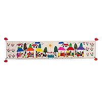 Cotton table runner, 'Andean Market' - Cultural Cotton Arpillera Table Runner from Peru