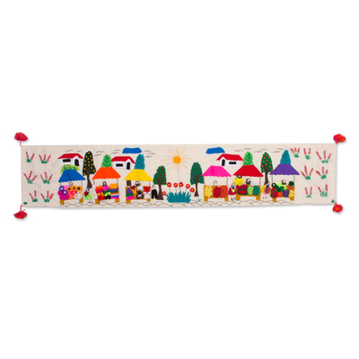 Cotton table runner, 'Andean Market' - Cultural Cotton Arpillera Table Runner from Peru