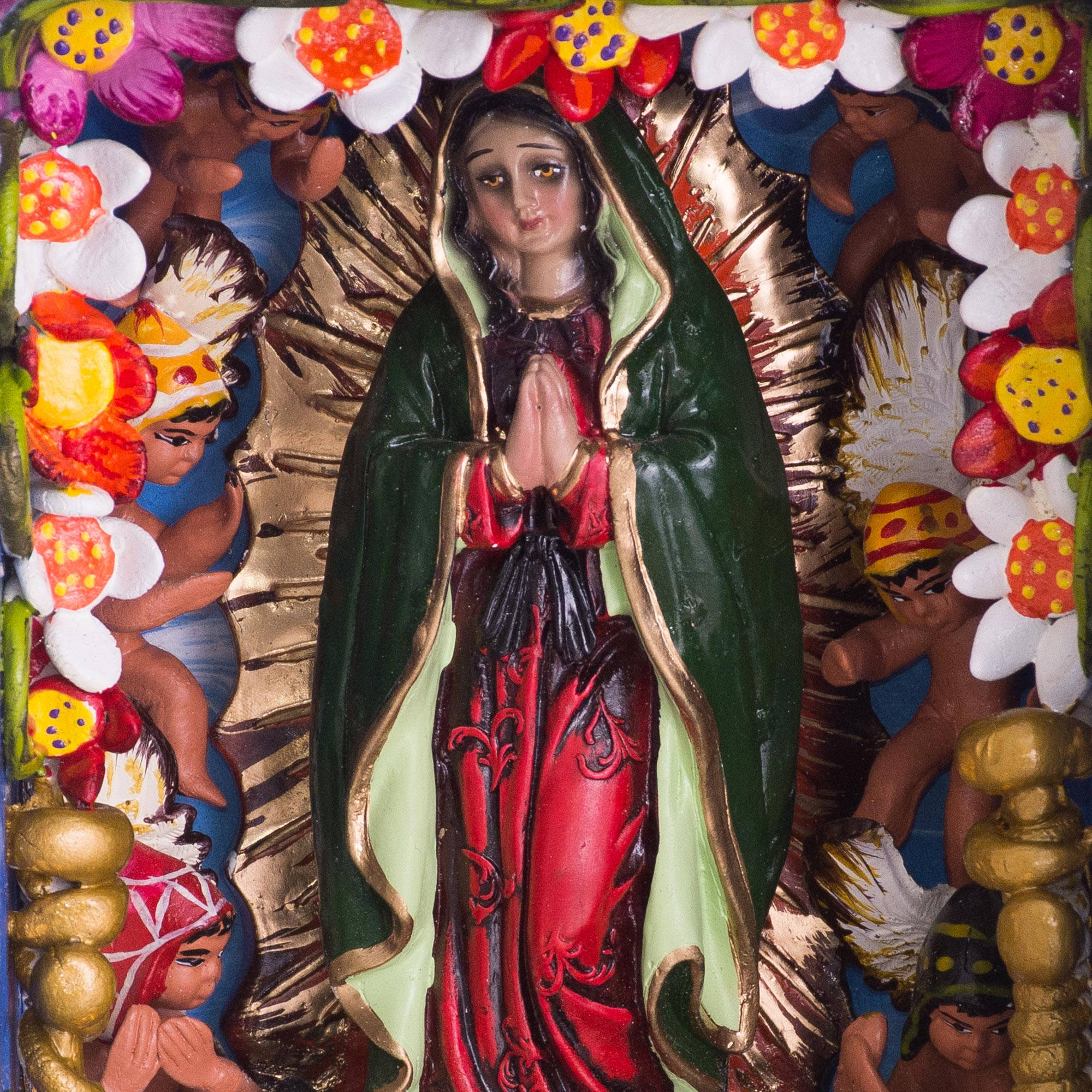 Ceramic and Wood Retablo of Mother Mary from Peru - Guadalupe | NOVICA