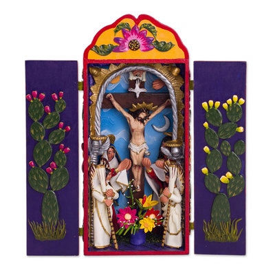 Ceramic and wood retablo, 'Lord of Miracles' - Ceramic and Wood Crucifix Retablo from Peru