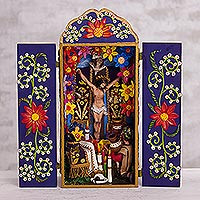 Ceramic and wood retablo, 'Passion of Jesus' - Ceramic and Wood Christian Retablo from Peru