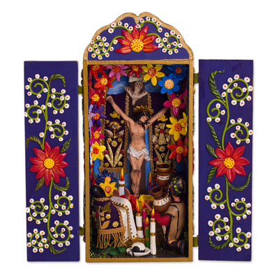 Ceramic and wood retablo, 'Passion of Jesus' - Ceramic and Wood Christian Retablo from Peru