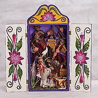 Ceramic and wood retablo, Adoration of Baby Jesus