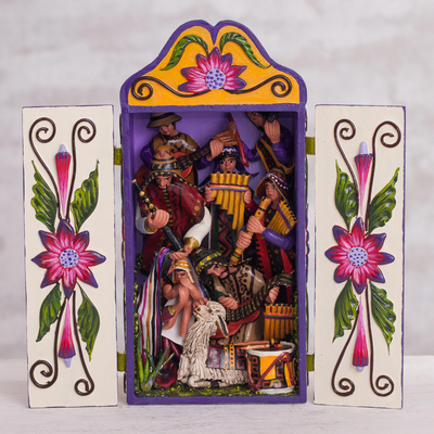 Ceramic and wood retablo, 'Adoration of Baby Jesus' - Ceramic and Wood Dance-Themed Retablo from Peru