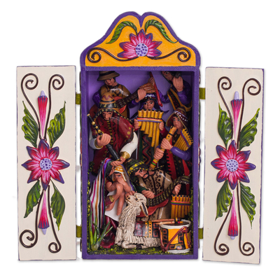 Ceramic and Wood Dance-Themed Retablo from Peru