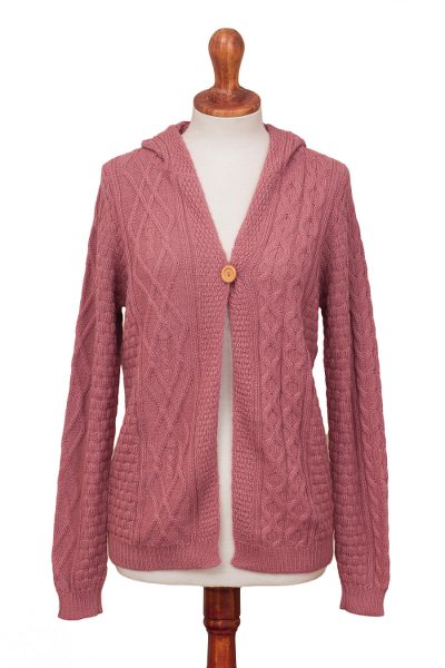 100% alpaca hooded cardigan, 'Sweet Carnation' - Knit 100% Alpaca Cardigan in Carnation from Peru