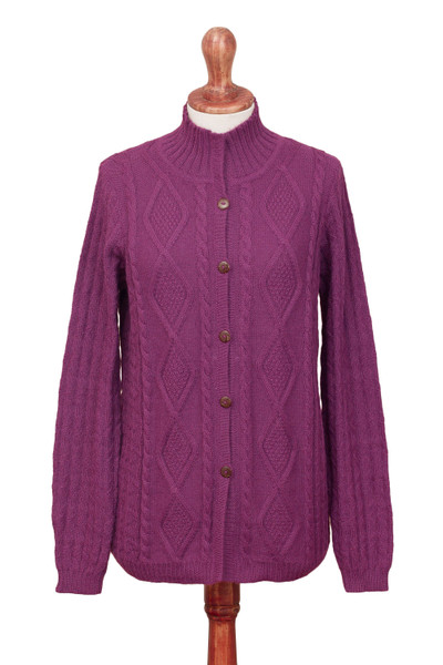 100% alpaca cardigan, 'Magenta Style' - Knit 100% Alpaca Cardigan in Magenta from Peru